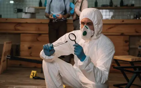 Un forense con traje protector examina una evidencia. Las salidas de la criminología son variadas: investigación, análisis, justicia.