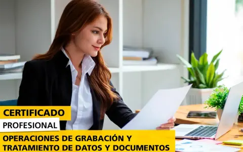 Profesional certificada revisa documentos, enfocada en la grabación de datos y tratamiento de información.
