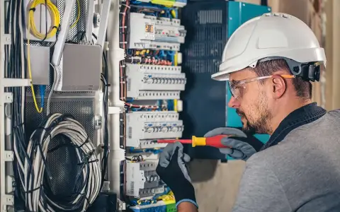 Electricista trabajando en un cuadro eléctrico. El salario de un electricista en España varía según experiencia y ubicación.