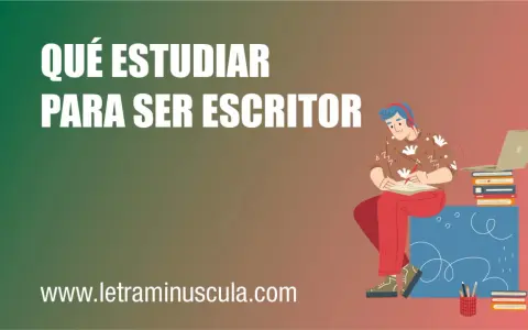 Un joven con auriculares escribe en un cuaderno, rodeado de libros y una laptop. Descubre qué estudiar para ser escritor en www.letraminuscula.com.