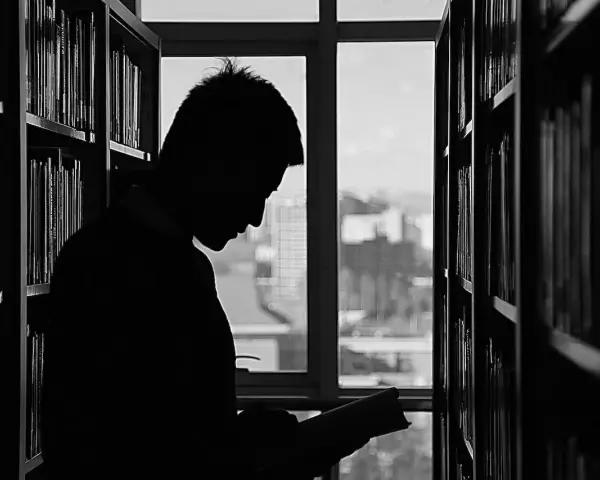 Silueta de un joven leyendo entre estanterías, buscando inspiración para sus futuras salidas de derecho.