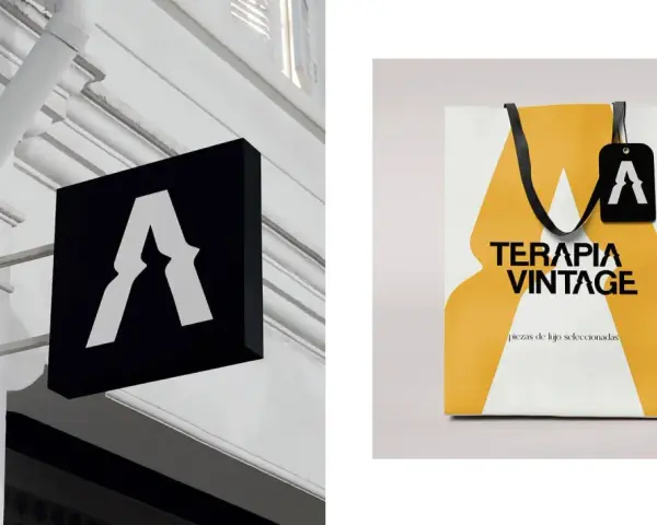 Letrero negro con logo "A" y bolsa de compras "TERAPIA VINTAGE". Salidas de diseño gráfico.