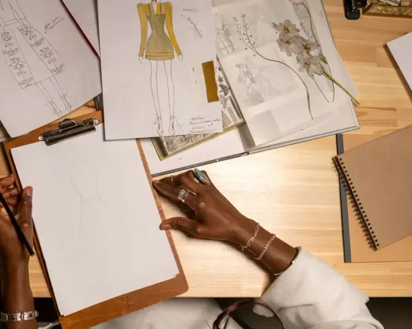 Manos dibujando bocetos de moda, inspirada para estudiar diseño de moda.