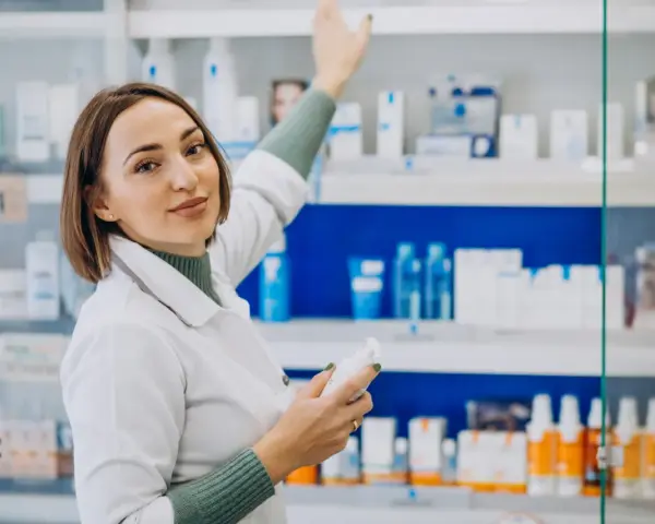 Farmacéutica con bata blanca revisa productos en estantería, un ejemplo de su futuro en el grado superior de farmacia.