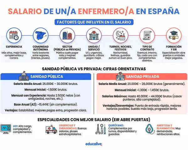 Gráfico sobre cuanto gana una enfermera en España, detallando factores como experiencia, comunidad autónoma, sector público/privado, unidad, turnos, contrato y formación.