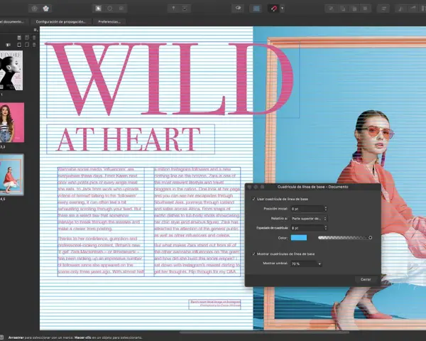 Diseño de revista en InDesign. Se muestra la interfaz con el texto "WILD AT HEART" y una foto de modelo. InDesign sirve para maquetación profesional.