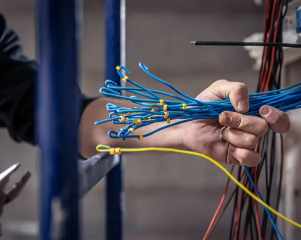 Mano sujetando un manojo de cables azules, preparándose para un trabajo de grado superior electricidad.