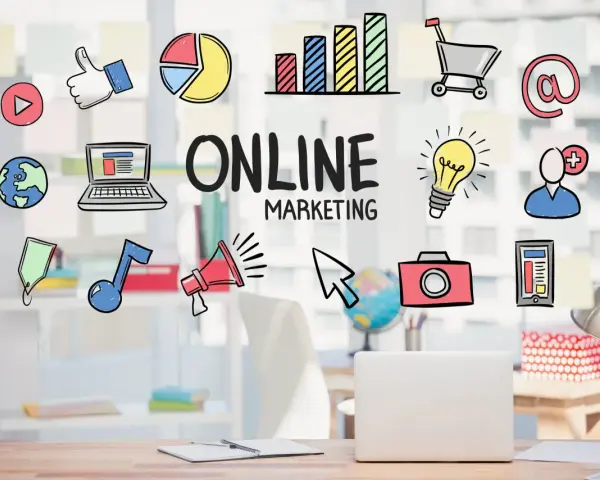 Ilustraciones de marketing digital: cómo empezar en marketing digital, con iconos de redes sociales, gráficos y un portátil.