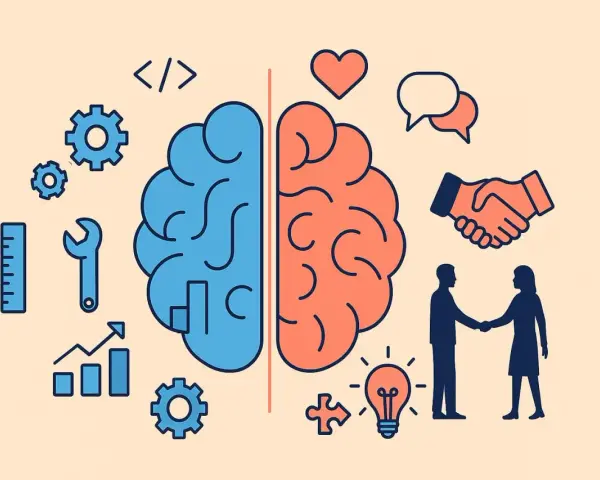 Cerebro dividido: lógica (engranajes, código) y empatía (corazón, apretón de manos). Representa que son los soft skills, esenciales para el éxito.