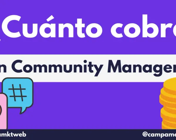 ¿Cuánto cobra un Community Manager? Iconos de corazón, hashtag y pila de monedas doradas.