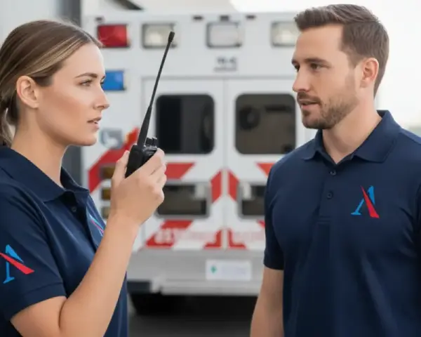 Técnico emergencias sanitarias, mujer con walkie-talkie y hombre con uniforme, frente a una ambulancia.