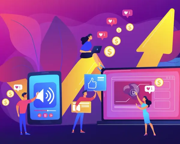Un responsable de marketing digital interactúa con pantallas, monetizando contenido y obteniendo likes.