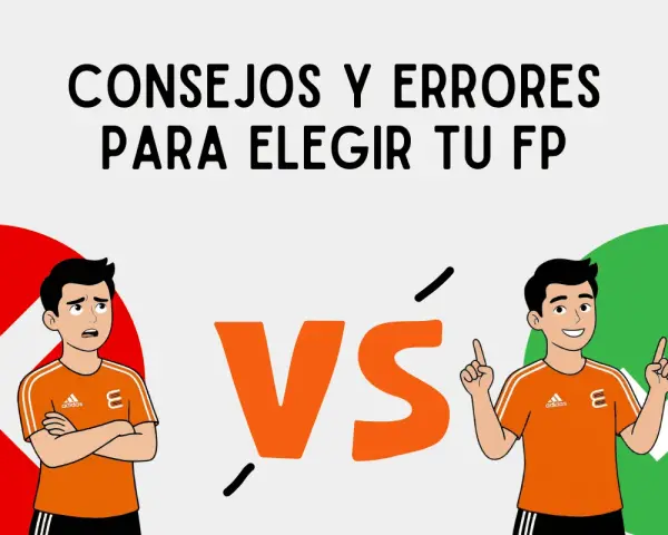 Consejos y errores al elegir tu FP. Un chico confundido junto a una X roja y otro seguro junto a un ✓ verde.