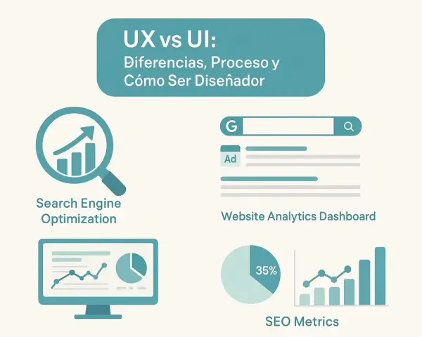 Ilustración sobre UX vs UI, mostrando optimización de motores de búsqueda, análisis web y métricas SEO.