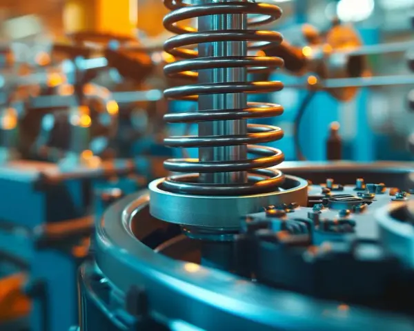 Detalle de maquinaria industrial con resorte. El diseño y la precisión son clave para saber cuanto cobra un ingeniero mecánico.