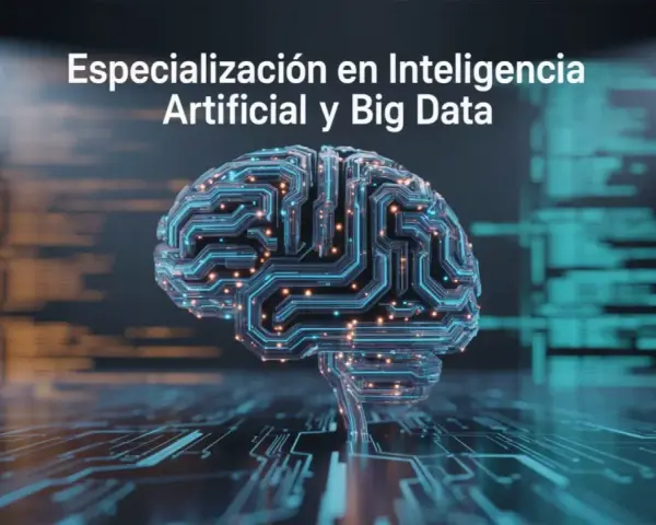 Curso de especialización en inteligencia artificial y big data online. Cerebro digital con circuitos y luces, fondo de código.