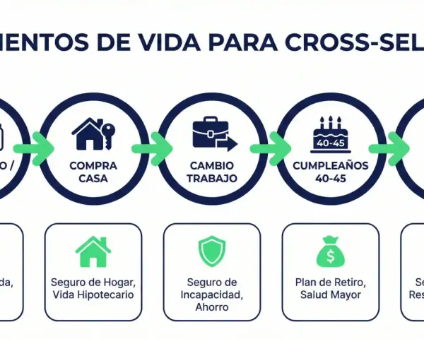 Diagrama de momentos de vida para cross-selling: matrimonio, compra de casa, cambio de trabajo, cumpleaños y negocio propio.