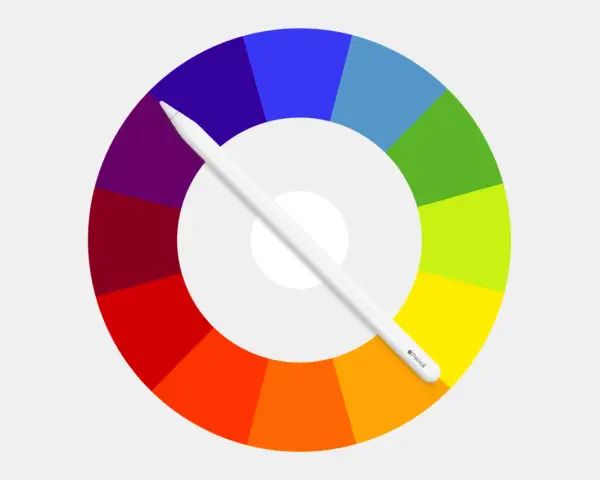 Rueda de colores con tonos ordenados por tonos, cruzada por un lápiz digital blanco.