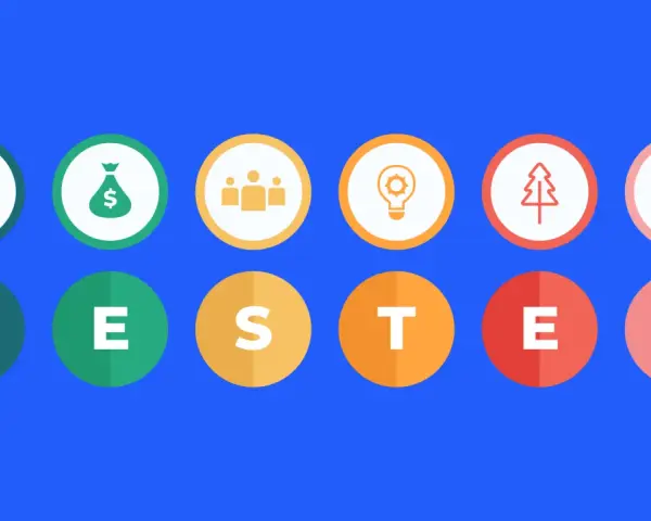 Ilustración PESTEL: banco, bolsa de dinero, personas, bombilla, árbol, martillo. Explica que es el macroentorno.