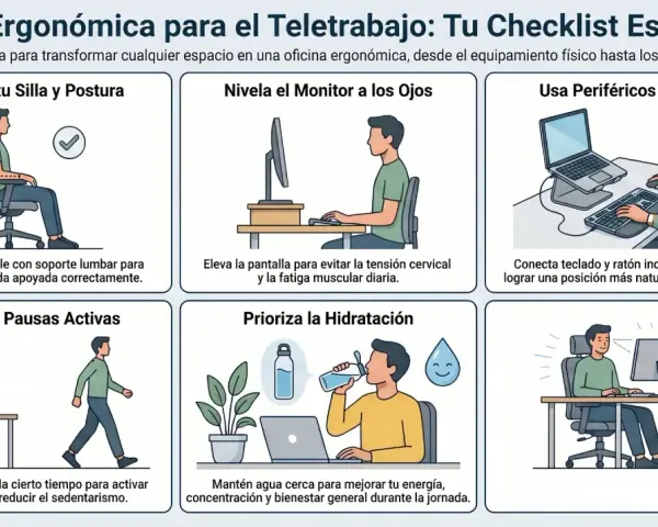 Guía ergonómica para teletrabajar: optimiza silla, monitor, periféricos, pausas y hidratación para un espacio de trabajo saludable.