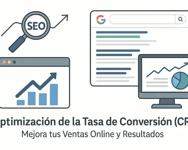 Gráficos de crecimiento y lupa con "SEO" ilustran la optimización de la tasa de conversión (CRO) para mejorar ventas.
