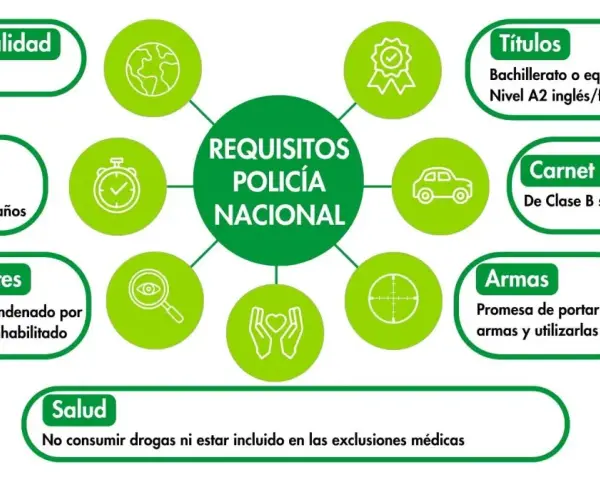 Requisitos para ser policía nacional: nacionalidad española, edad entre 18 y 65 años, sin antecedentes, salud, títulos, carnet de conducir y promesa de portar armas.