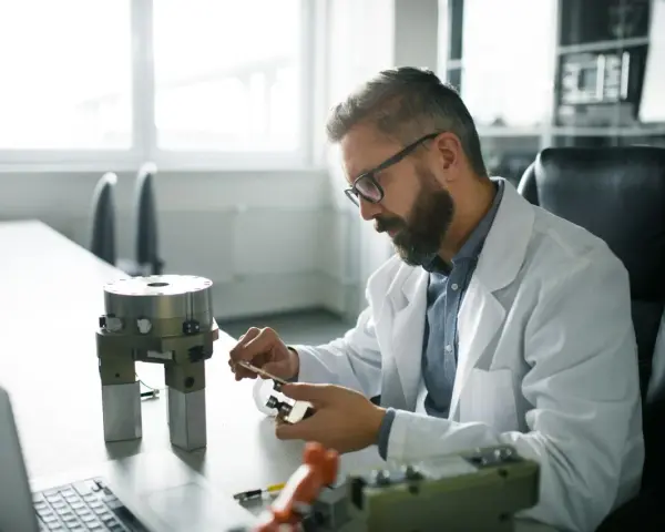 Ingeniero biomédico trabajando en un laboratorio, investigando cuánto cobra un ingeniero biomédico.