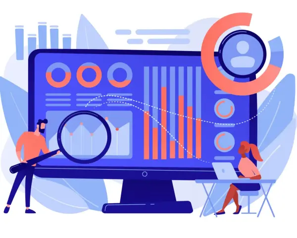 Un marketing product manager analiza gráficos y datos en una pantalla, usando una lupa para investigar tendencias.