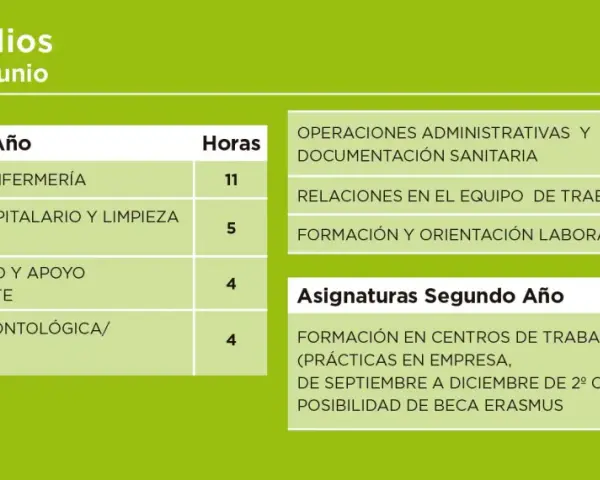 Plan de estudios del grado medio de auxiliar de enfermería, con asignaturas del primer y segundo año, incluyendo prácticas.