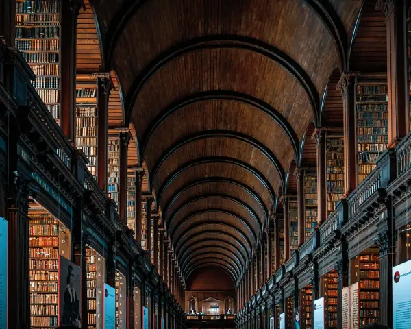 Pasillos de una biblioteca antigua con estanterías de madera repletas de libros, un ejemplo de la majestuosidad que se estudia en arquitectura.