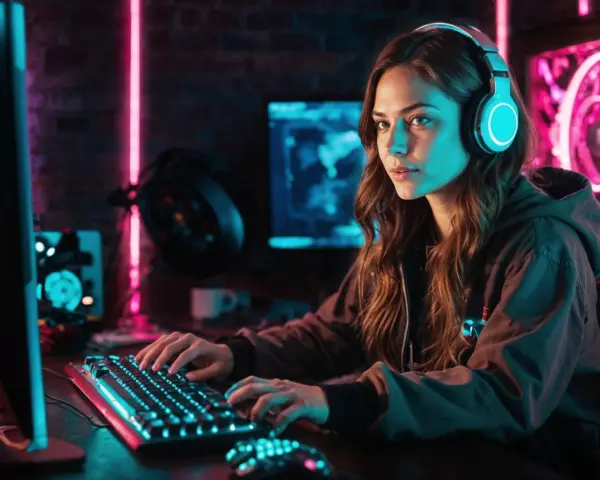 Mujer con auriculares jugando en un PC con luces de neón. Se pregunta cuanto cobra un programador de videojuegos.