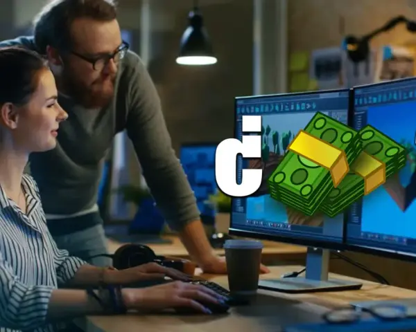 ¿Cuánto cobra un diseñador de videojuegos? Dos personas trabajan en monitores con gráficos de dinero y un signo de interrogación.