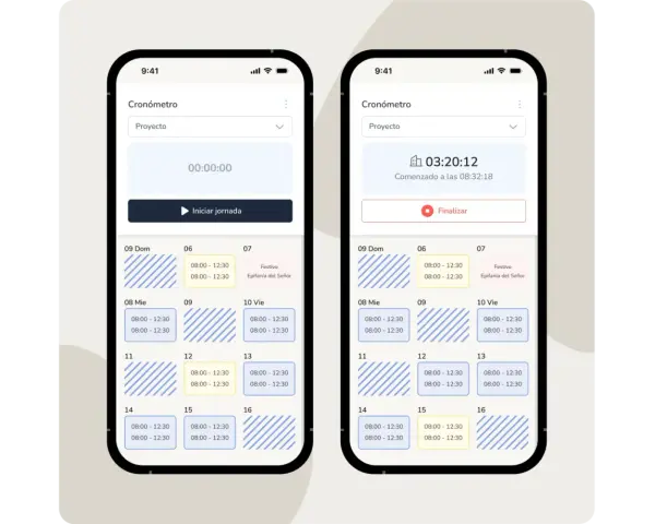 Dos pantallas de móvil muestran aplicaciones para hacer horarios de trabajo. Una con cronómetro y otra con un calendario de turnos.