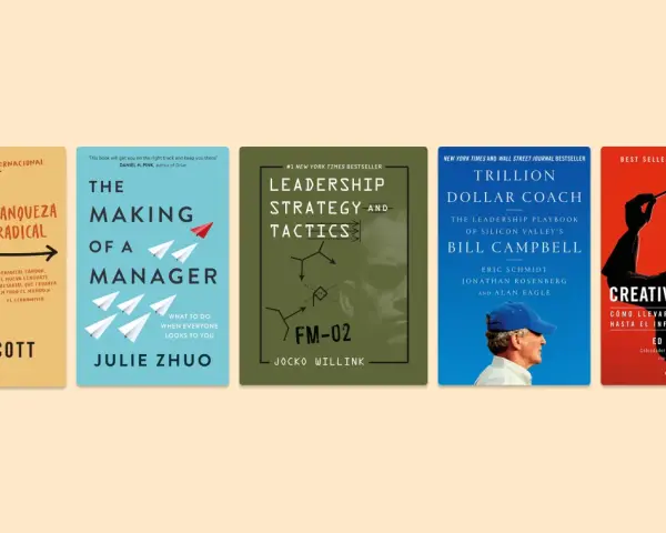 Cinco portadas de los mejores libros de estrategia: "Franqueza Radical", "The Making of a Manager", "Leadership Strategy and Tactics", "Trillion Dollar Coach" y "Creatividad, S.A.".