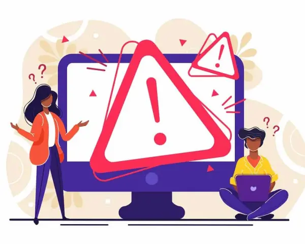 Personas confusas ante un monitor con advertencias. Dibujos sin copyright para ilustrar problemas técnicos o errores.