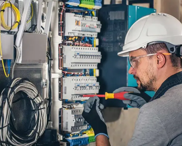 Electricista trabajando en un cuadro eléctrico. El salario de un electricista en España varía según experiencia y ubicación.