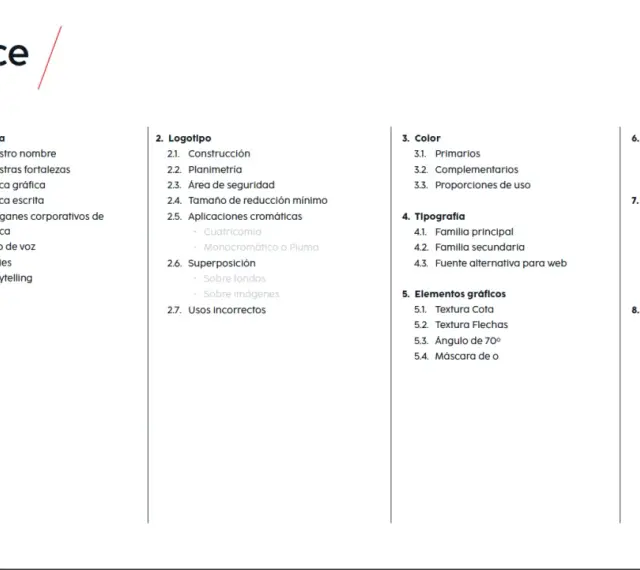 Índice de un manual de identidad corporativa, detallando secciones como "La Marca", "Logotipo", "Color", "Tipografía", "Elementos gráficos", "Emailing", "Redes sociales" y "Estilo fotográfico".