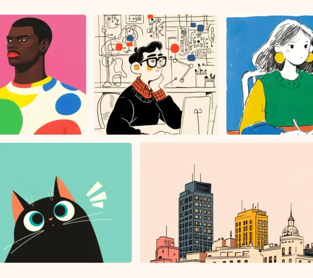 Colección de **fotos sin derechos de autor**: retrato de hombre, estudiante, mujer escribiendo, gato curioso y paisaje urbano.