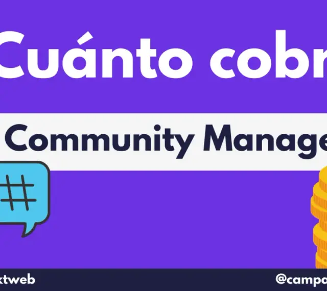 ¿Cuánto cobra un Community Manager? Iconos de corazón, hashtag y pila de monedas doradas.
