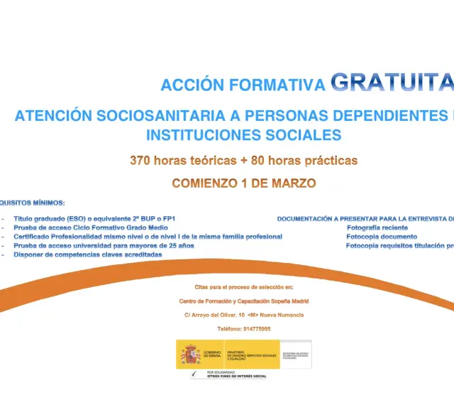 Acción formativa gratuita: atención sociosanitaria en instituciones sociales. Requisitos, documentación y citas para el curso que comienza el 1 de marzo.