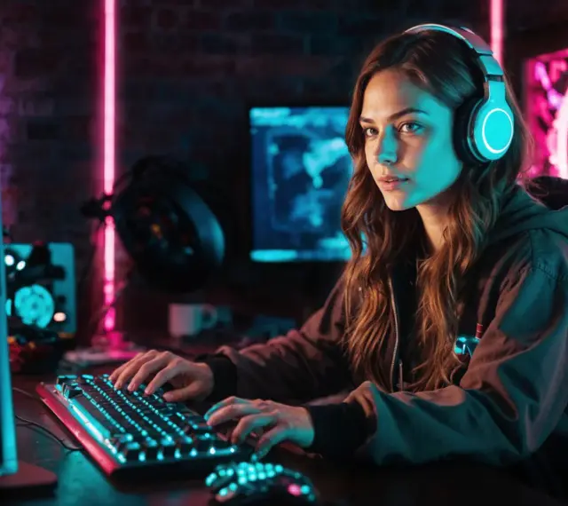 Mujer con auriculares jugando en un PC con luces de neón. Se pregunta cuanto cobra un programador de videojuegos.