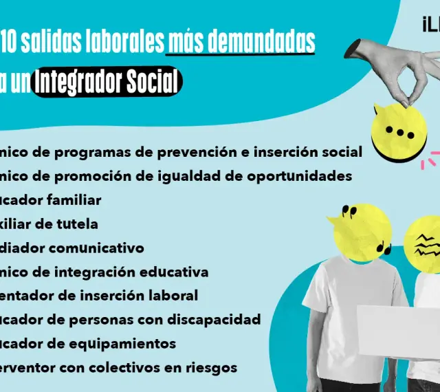 Las 10 salidas laborales para un Integrador Social, clave para la **integración social**. Incluye roles como técnico de inserción y educador.