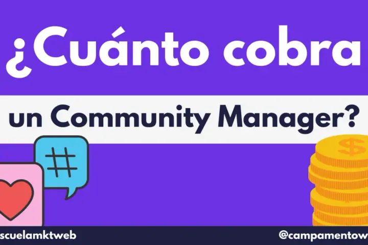¿Cuánto cobra un Community Manager? Iconos de corazón, hashtag y pila de monedas doradas.