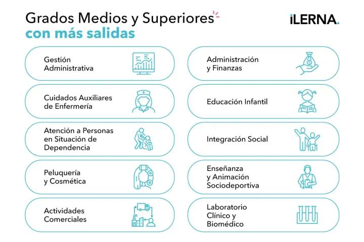 Grados medios y superiores con más salidas: Gestión Administrativa, Administración y Finanzas, Educación Infantil, Integración Social, etc.