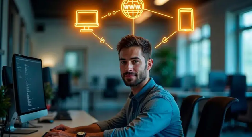 Programador sonriente, con iconos de web, móvil y PC sobre su cabeza, simbolizando el desarrollo de aplicaciones multiplataforma. Sueldo competitivo.