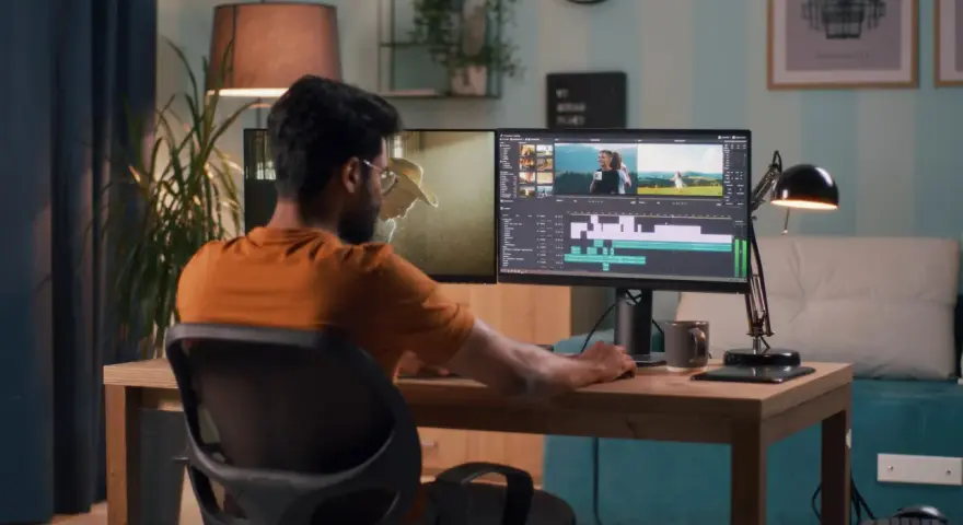 Hombre trabajando en la edición de video profesional en su estudio casero, con dos monitores mostrando la línea de tiempo y clips.