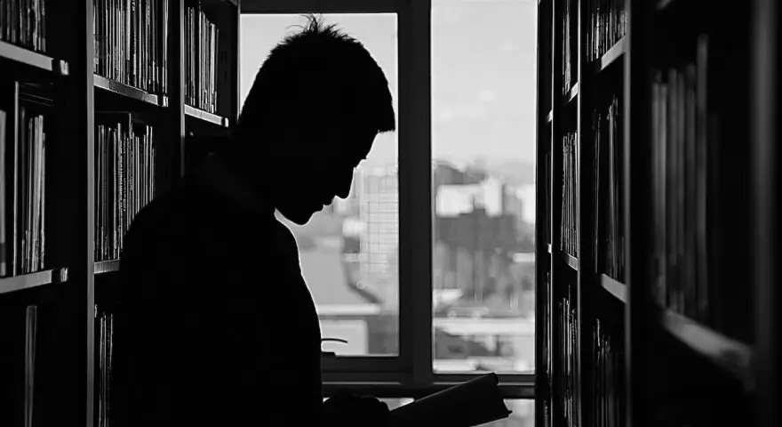 Silueta de un joven leyendo entre estanterías, buscando inspiración para sus futuras salidas de derecho.