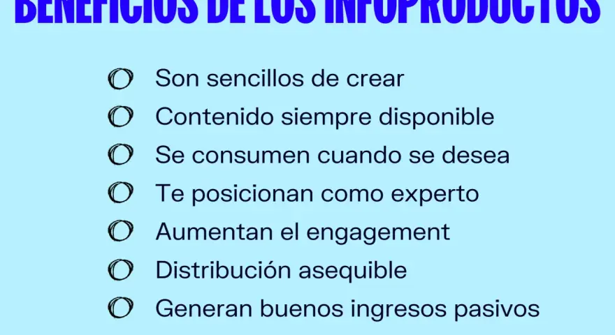 Beneficios de los infoproductos: fáciles de crear, siempre disponibles, te posicionan como experto y generan ingresos pasivos.