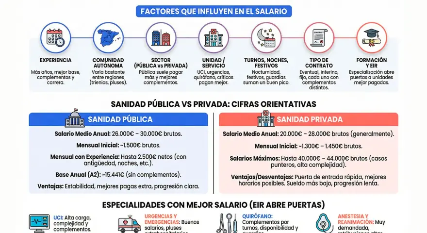 Gráfico sobre cuanto gana una enfermera en España, detallando factores como experiencia, comunidad autónoma, sector público/privado, unidad, turnos, contrato y formación.
