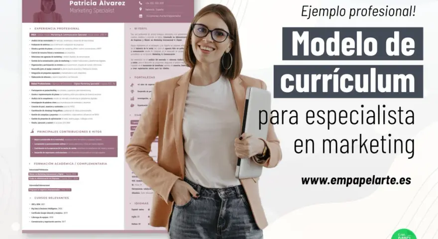 Ejemplo profesional de currículum para especialista en marketing. Muestra las skills que es, experiencia y formación.